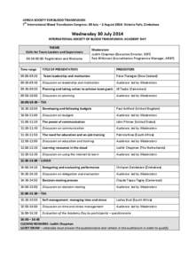 AFRICA SOCIETY FOR BLOOD TRANSFUSION 7th International Blood Transfusion Congress: 30 July – 2 August 2014: Victoria Falls, Zimbabwe Wednesday 30 July 2014 INTERNATIONAL SOCIETY OF BLOOD TRANSFUSION: ACADEMY DAY THEME