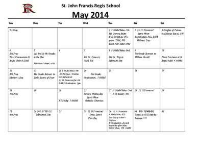 St. John Francis Regis School  May 2014 Sun  Mon