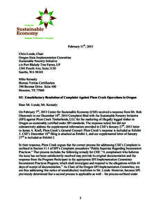 February 11th, 2015 Chris Lunde, Chair Oregon State Implementation Committee Sustainable Forestry Initiative c/o Port Blakely Tree Farms, LP 1501 Fourth Ave, Suite 2150