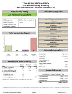 TEXAS EDUCATION AGENCY 2014 Accountability Summary MARY E SMITHEY PACE H SDUNCANVILLE ISD Accountability Rating