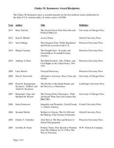 Gladys M. Kammerer Award Recipients The Gladys M. Kammerer prize is awarded annually for the best political science publication in the field of U.S. national policy. It carries a prize of $1000.