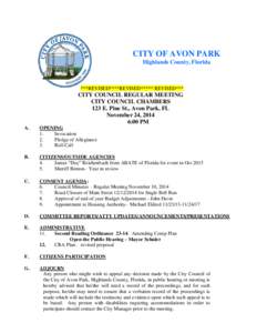 CITY OF AVON PARK Highlands County, Florida ***REVISED****REVISED***** REVISED***  CITY COUNCIL REGULAR MEETING