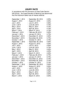 USURY RATE In accordance with the provisions of Iowa Code Section[removed]a), the Superintendent of Banking has determined that the maximum lawful rate of interest shall be: September 1, 2014 August 1, 2014