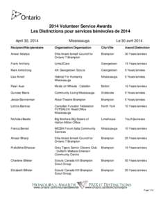 2014 Volunteer Service Awards Les Distinctions pour services bénévoles de 2014 April 30, 2014 Mississauga