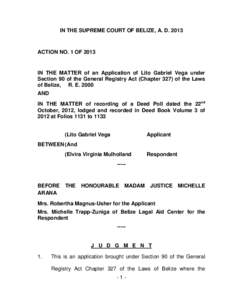 IN THE SUPREME COURT OF BELIZE, A. DACTION NO. 1 OF 2013 IN THE MATTER of an Application of Lito Gabriel Vega under Section 90 of the General Registry Act (Chapter 327) of the Laws