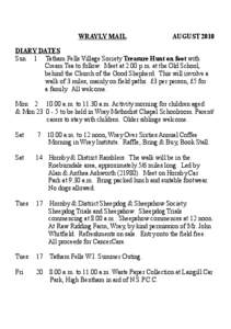 WRAYLY MAIL  AUGUST 2010 DIARY DATES Sun 1 Tatham Fells Village Society Treasure Hunt on foot with