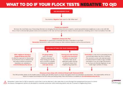 WHAT TO DO IF YOUR FLOCK TESTS NEGATIVE TO OJD OJD MANAGEMENT PLAN You receive a Negative Test result for OJD. What now?  Protect your property