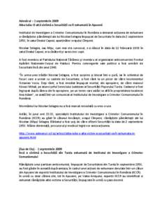 Adevărul – 1 septembrie 2009 Alba Iulia: O altă victimă a Securităţii va fi exhumată în Apuseni Institutul de Investigare a Crimelor Comunismului în România a demarat acţiunea de exhumare