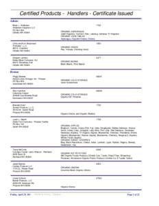 Certified Products - Handlers - Certificate Issued Adams Brian L. Andersen Andersen Organics LLC PO Box 584 Othello WA 99344