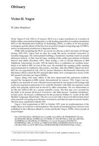 Obituary  Victor H. Yngve W. John Hutchins∗  Victor Yngve (5 July 1920 to 15 Januarywas a major contributor in a number of