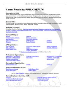 Career Roadmap: PUBLIC HEALTH Description of Field: Public health professionals analyze and develop programs that protect the health of individuals, families and communities in the United States and abroad. Using educati