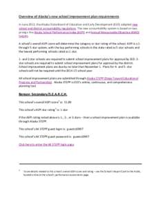 Overview of Alaska’s new school improvement plan requirements In June 2013, the Alaska State Board of Education and Early Development (EED) adopted new school and district accountability regulations. The new accountabi