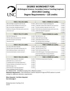 DEGREE WORKSHEET FOR: BS Biological Sciences: Secondary Science Teaching Emphasis[removed]Catalog Degree Requirements – 125 credits YEAR 1- FALL (16 credits)