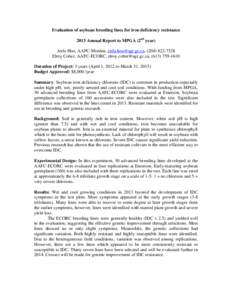 Evaluation of soybean breeding lines for iron deficiency resistance 2013 Annual Report to MPGA (2nd year) Anfu Hou, AAFC-Morden, [removed], ([removed]Elroy Cober, AAFC-ECORC, [removed], ([removed]