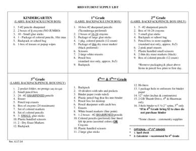 RHD STUDENT SUPPLY LIST  KINDERGARTEN 1st Grade