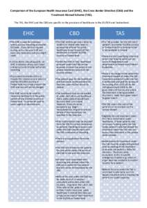 Comparison of the European Health Insurance Card (EHIC), the Cross Border Directive (CBD) and the Treatment Abroad Scheme (TAS). (TAS) The TAS, the EHIC and the CBD are specific to the provision of healthcare in the EU/E