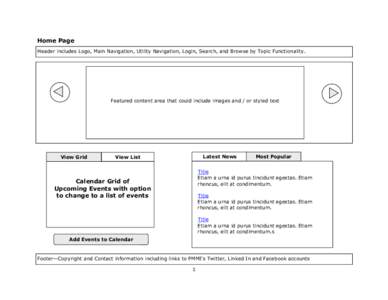 Home Page Header includes Logo, Main Navigation, Utility Navigation, Login, Search, and Browse by Topic Functionality. Featured content area that could include images and / or styled text  View Grid