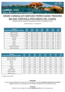 ORARI CONSIGLIATI SERVIZIO FERROVIARIO TRENORD MILANO CENTRALE-PESCHIERA DEL GARDA SUGGESTED RAILWAY TIMETABLE TRENORD MILANO CENTRALE-PESCHIERA DEL GARDA validi dal 28 marzo al 1° novembreTRENORD