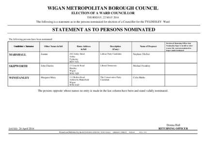 WIGAN METROPOLITAN BOROUGH COUNCIL ELECTION OF A WARD COUNCILLOR THURSDAY, 22 MAY 2014 The following is a statement as to the persons nominated for election of a Councillor for the TYLDESLEY Ward