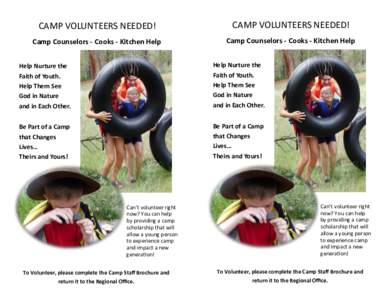 CAMP VOLUNTEERS NEEDED!  CAMP VOLUNTEERS NEEDED! Camp Counselors - Cooks - Kitchen Help