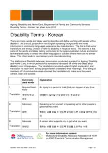 Ageing, Disability and Home Care, Department of Family and Community Services Disability Terms – Korean fact sheet June 2012 Disability Terms - Korean There are many words and ideas used to describe and define working 