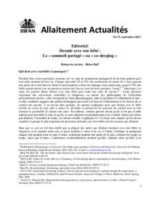 Allaitement Actualités No 53, septembre 2012 Editorial: Dormir avec son bébé : Le « sommeil partagé » ou « co-sleeping »