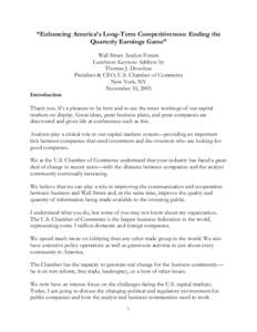 “Enhancing America’s Long-Term Competitiveness: Ending the Quarterly Earnings Game” Introduction  Wall Street Analyst Forum
