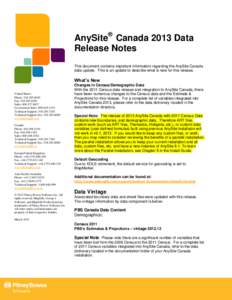 AnySite® Canada 2013 Data Release Notes This document contains important information regarding the AnySite Canada data update. This is an update to describe what is new for this release.  What’s New