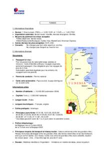 TUNISIE 1. Informations financières • Devise: 1 Dinar tunisien (TND)= +/- 0,551 EUR et 1 EUR = +/- 1,813 TND • Importation autorisée: devise locale: interdite, devises étrangères: illimitée. • Moyens de paieme