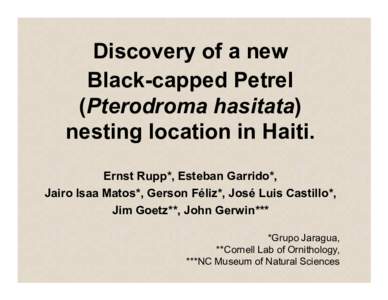 Discovery of a new Black-capped Petrel (Pterodroma hasitata) nesting location in Haiti. Ernst Rupp*, Esteban Garrido*, Jairo Isaa Matos*, Gerson Féliz*, José Luis Castillo*,
