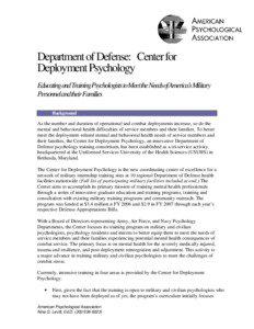 Department of Defense: Center for Deployment Psychology EducatingandTrainingPsychologiststoMeet theNeedsofAmerica’sMilitary