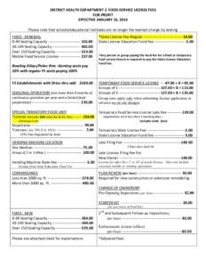 DISTRICT HEALTH DEPARTMENT 2 FOOD SERVICE LICENSE FEES FOR PROFIT EFFECTIVE JANUARY 16, 2014 Please note that schools/educational institutes are no longer fee exempt-charge by seating FIXED - RENEWAL 0-49 Seating Capacit