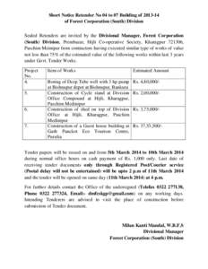 Short Notice Retender No 04 to 07 Building of[removed]of Forest Corporation (South) Division Sealed Retenders are invited by the Divisional Manager, Forest Corporation (South) Division, Prembazar, Hijli Co-operative Soci