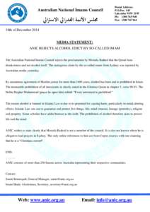 Australian National Imams Council  ‫جملس األئمة الفدرايل االسرتايل‬ Postal Address: P.O.Box 145