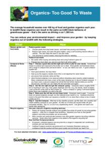 Organics- Too Good To Waste Why Use Recycled Compost and Mulch? The average household wastes over 400 kg of food and garden organics each year. In landfill these organics can result in the same as 8,000 black balloons of