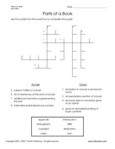 Parts of a Book Crossword Puzzle Worksheet