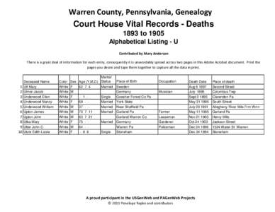 Warren County, Pennsylvania, Genealogy Court House Vital Records - Deaths 1893 to 1905 Alphabetical Listing - U Contributed by Mary Anderson There is a great deal of information for each entry, consequently it is unavoid