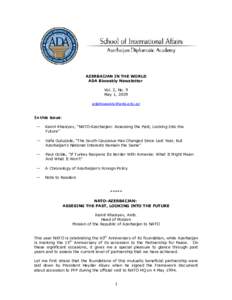 AZERBAIJAN IN THE WORLD ADA Biweekly Newsletter Vol. 2, No. 9 May 1, 2009  In this issue: