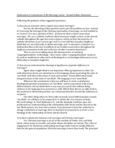 Submission to Commission of the Marriage Canon - Donald Aellen, Edmonton Following the guidance of the suggested questions… 1) How do you interpret what scripture says about marriage? For me, the phrasing of this quest