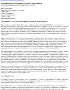 http://www.aaanet.org/committees/cfhr/syl_hitchcock.htm  Anthropology[removed]: Human Rights, Environment, and Development Fall Semester, 2002, Bessey Hall 129, MWF 10:30-11:20 A.M. Robert K. Hitchcock Department of Anthr