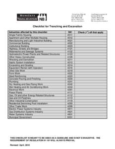 Checklist for Trenching and Excavation Industries affected by this checklist Single Family Housing Apartment and Other Multiple Housing Manufacturing and Light Industrial Building Commercial Building