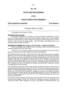 - [removed]No. 133 VOTES AND PROCEEDINGS of the YUKON LEGISLATIVE ASSEMBLY