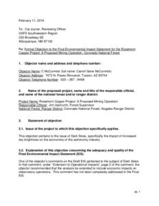 February 11, 2014 To: Cal Joyner, Reviewing Officer USFS Southwestern Region 333 Broadway SE Albuquerque, NM[removed]Re: Formal Objection to the Final Environmental Impact Statement for the Rosemont