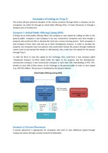 Examples of Listing on Trop-X This article will give practical examples of the various scenarios through which a company can list. Companies can either list through an Initial Public Offering (IPO), a Private Placement o