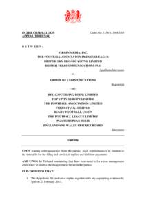 Virgin Media, Inc; The Football Associaton Premier League; British Sky Broadcasting Limited - Order of the Tribunal (Timetable) | 24 Jan 2011