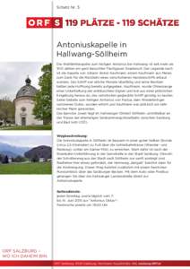 Schatz NrPLÄTZESCHÄTZE Antoniuskapelle in Hallwang-Söllheim Die Wallfahrtskapelle zum heiligen Antonius bei Hallwang ist seit mehr als