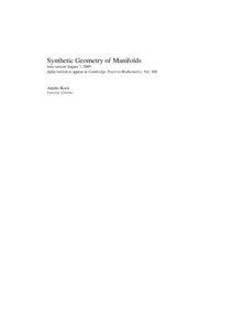 Synthetic Geometry of Manifolds beta version August 7, 2009 alpha version to appear as Cambridge Tracts in Mathematics, Vol. 180