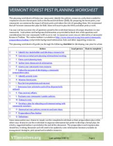 VERMONT FOREST PEST PLANNING WORKSHEET This planning worksheet will help your community identify the policies, resources, and actions needed to respond to invasive forest pests such as the Emerald Ash Borer (EAB). By pre
