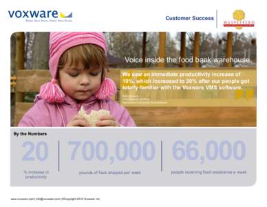Customer Success  Voice inside the food bank warehouse We saw an immediate productivity increase of 10%, which increased to 20% after our people got totally familiar with the Voxware VMS software.