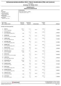 Schweizermeisterschaften[removed]Nord. Kombination Elite und Junioren in Einsiedeln Samstag, 18. Oktober 2014 ERGEBNISLISTE NORDISCHE KOMBINATON